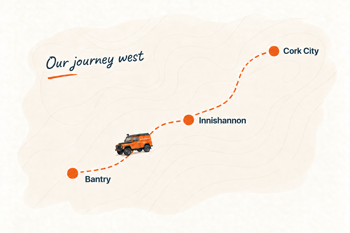 An illustrated map of our journey west: a little 4x4 on a dotted route from Cork City to Innishannon, and on to Bantry.