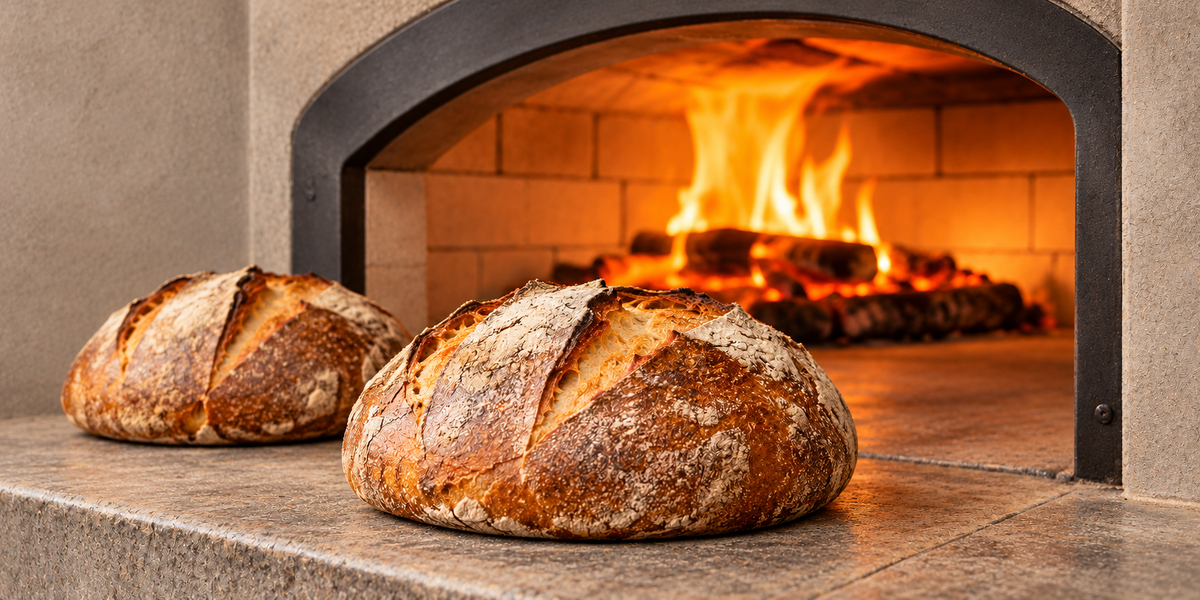 Two sourdough loaves on the stone hearth of a wood-fired oven, the fire burning behind them.